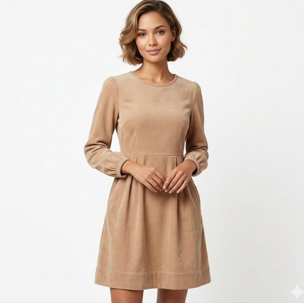 DownEast‎ Tan Long-Sleeve A-Line Midi Corduroy Dress